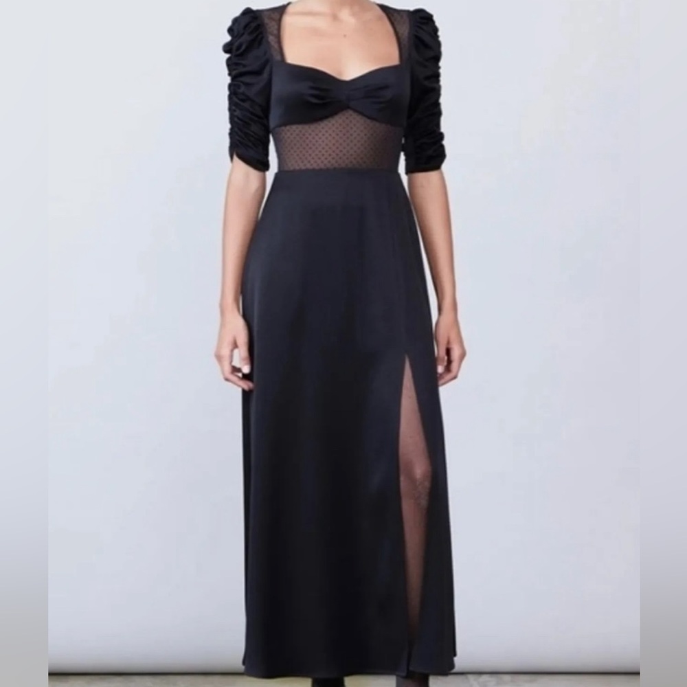 Allen Schwartz Joanna Satin mesh cutout high slit midi dress